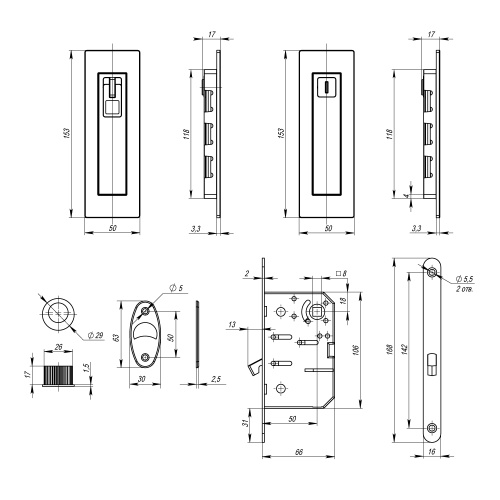 Защелка с ручками для раздвижных дверей SH.URB153.KIT011-BK (SH011 URB) BPVD-77 вороненый никель